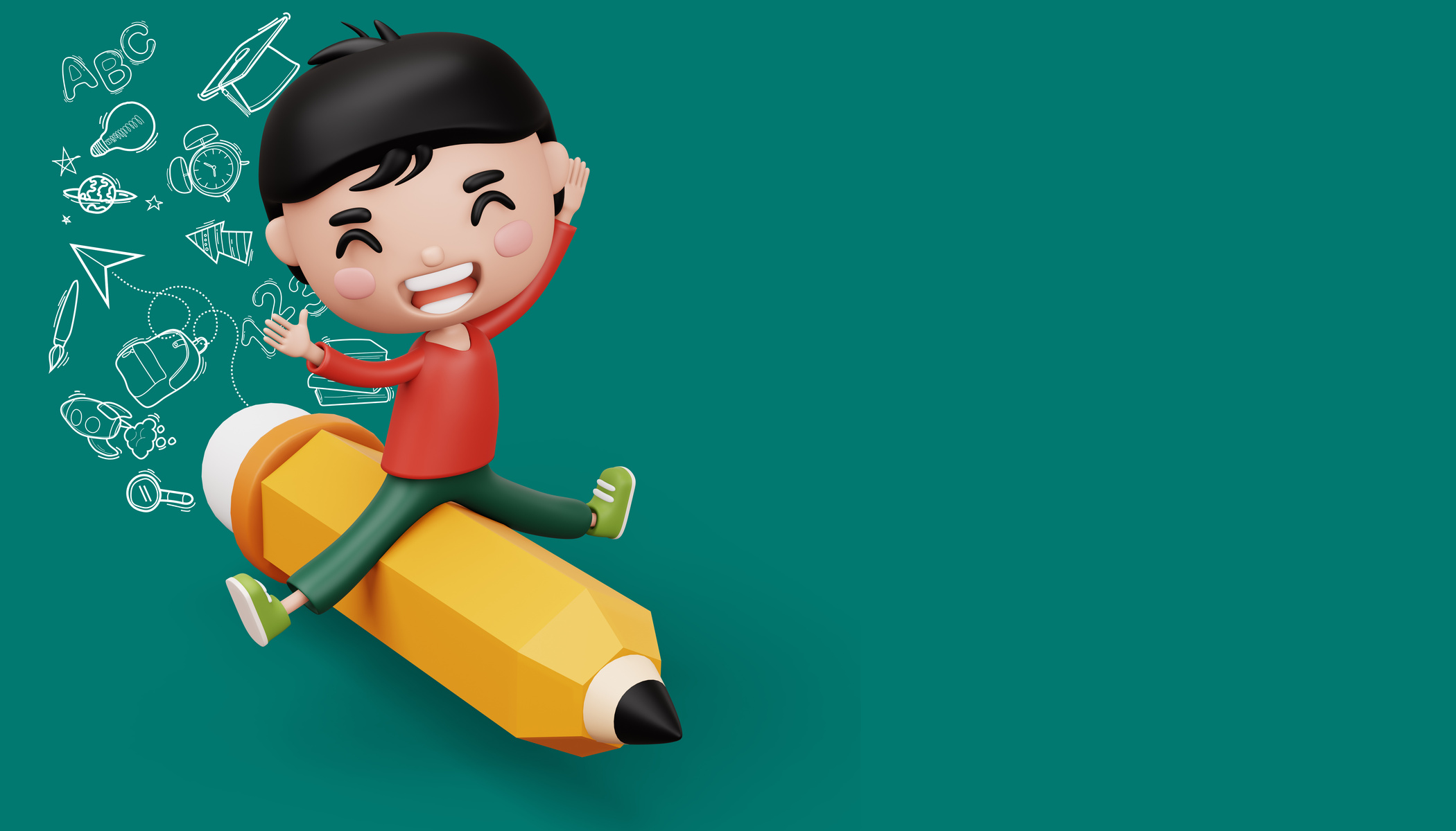 Happy child with pancil, cute boy cartoon character, 3d rendering