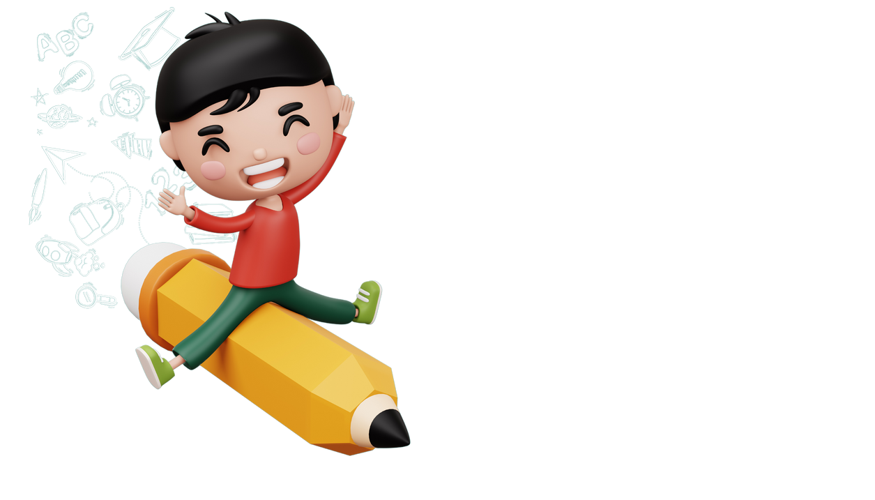 Happy child with pancil, cute boy cartoon character, 3d rendering